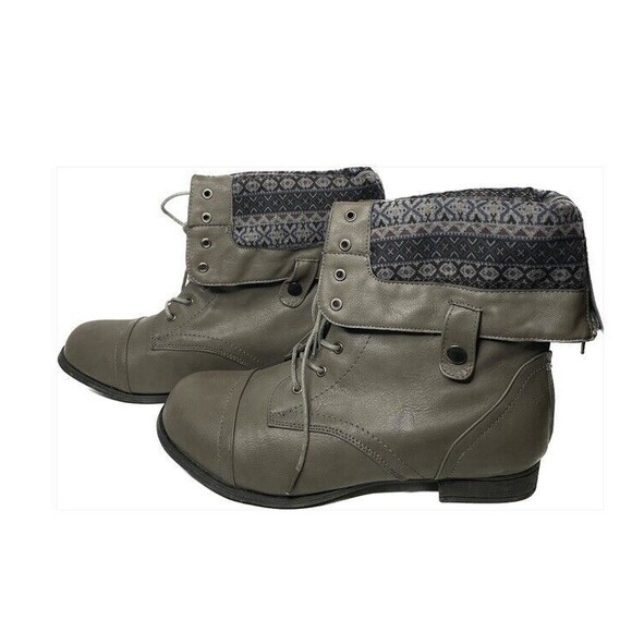Twisted Gray Cap Toe Lace Up Back Zip Fold Down Riding Combat Boots SZ 10 - Picture 3 of 5